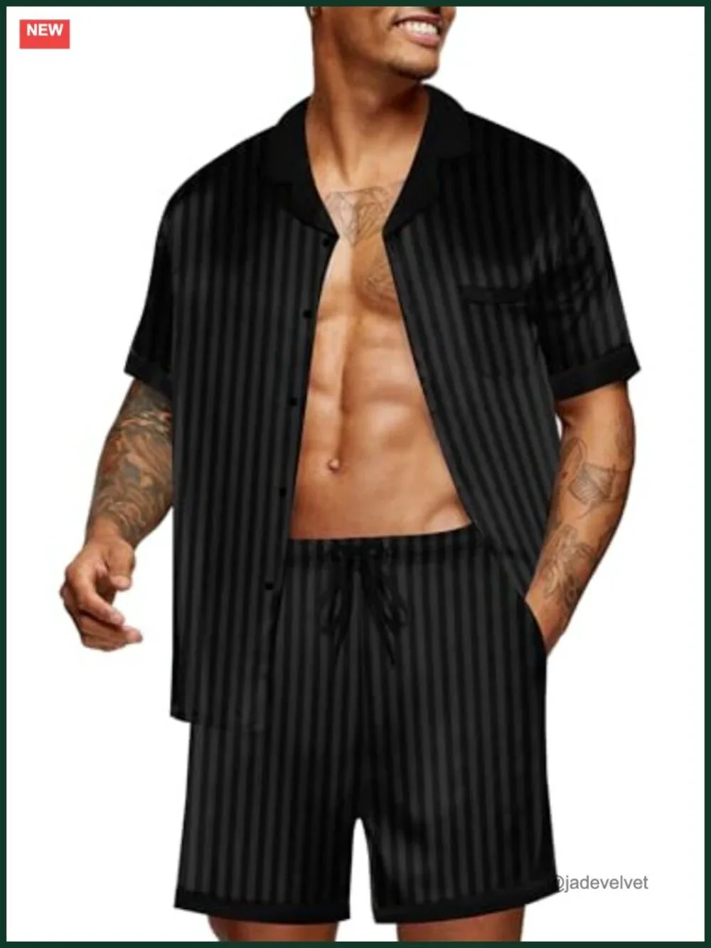 Men's Satin Silk Pajama Set with Pockets Sleepwear Shorts 2-Piece Button Down